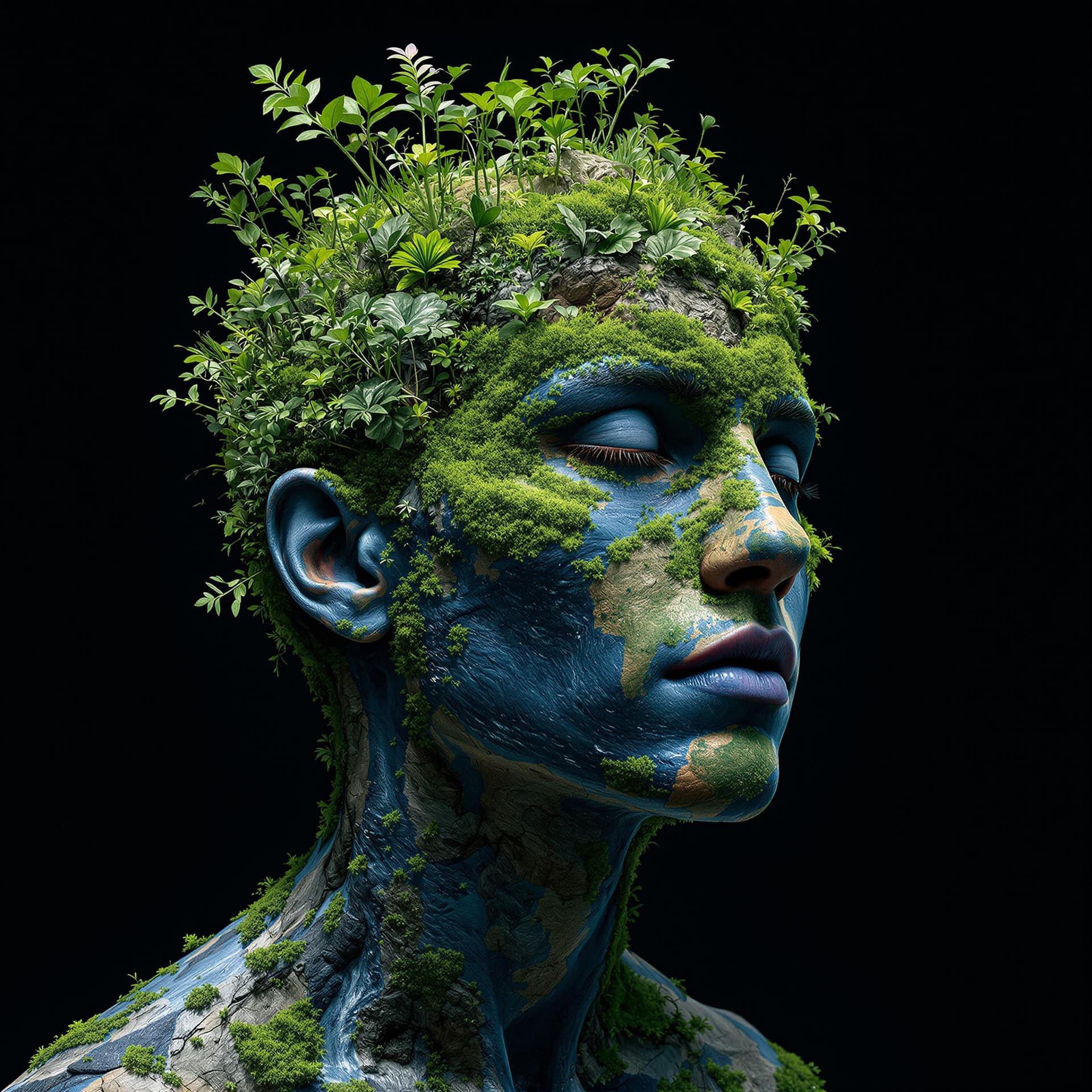 AI generated: "Create a surreal digital artwork of a human figure whose head blends seamlessly with elements of th...