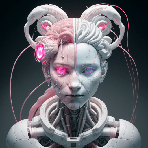 AI generated: electronic system on head humanoid cyborg lion with a visible detailed pink brain, with a visible de...