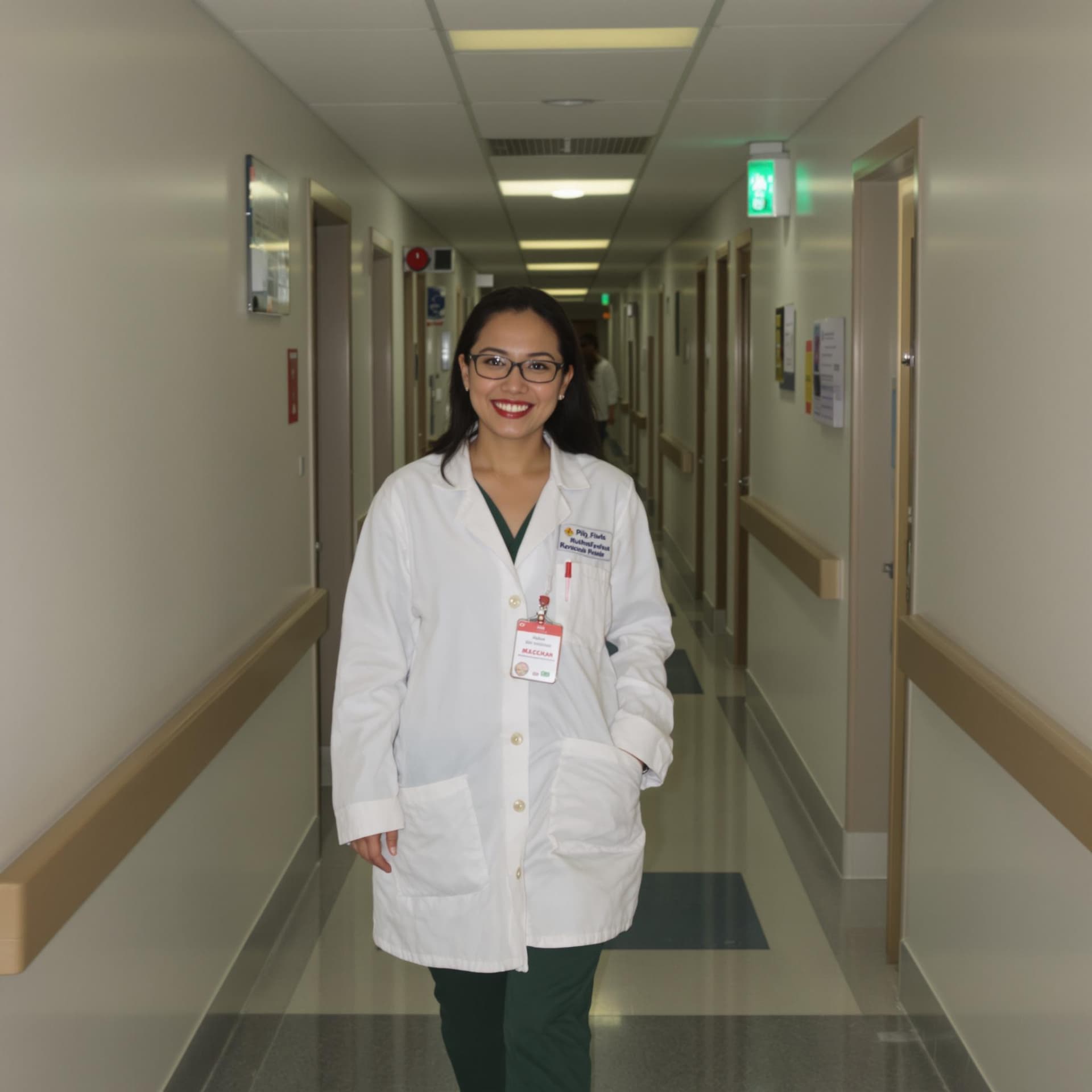 AI generated: a filipino woman wearing a medical white lab coat, she's walking down a hall at a hospital while loo...