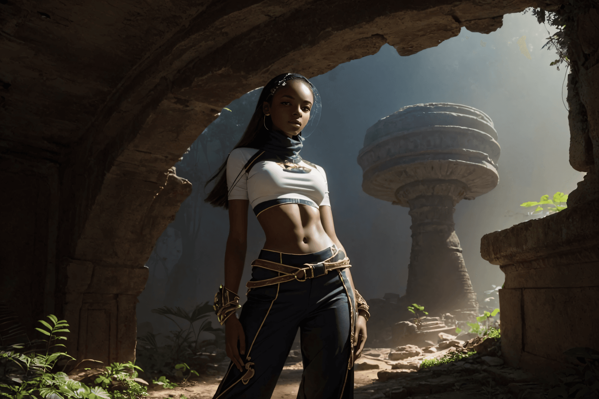 AI generated: An exquisite portrait image of a slim woman with defined abs and small breasts, clad in a tomb explo...