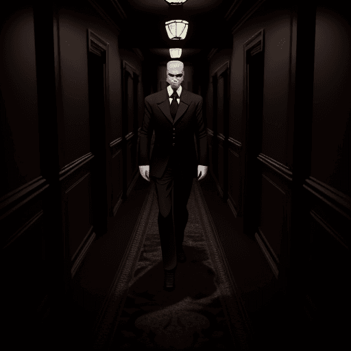 AI generated: Agent Alekhine sneaks through the dimly lit corridors of a luxurious hotel, blending into the shadow...