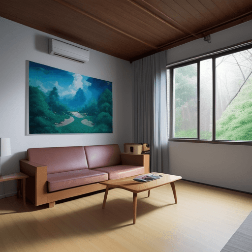 AI generated: anime illustration small apartment with simple furnitures in the morning with background forest, ani...