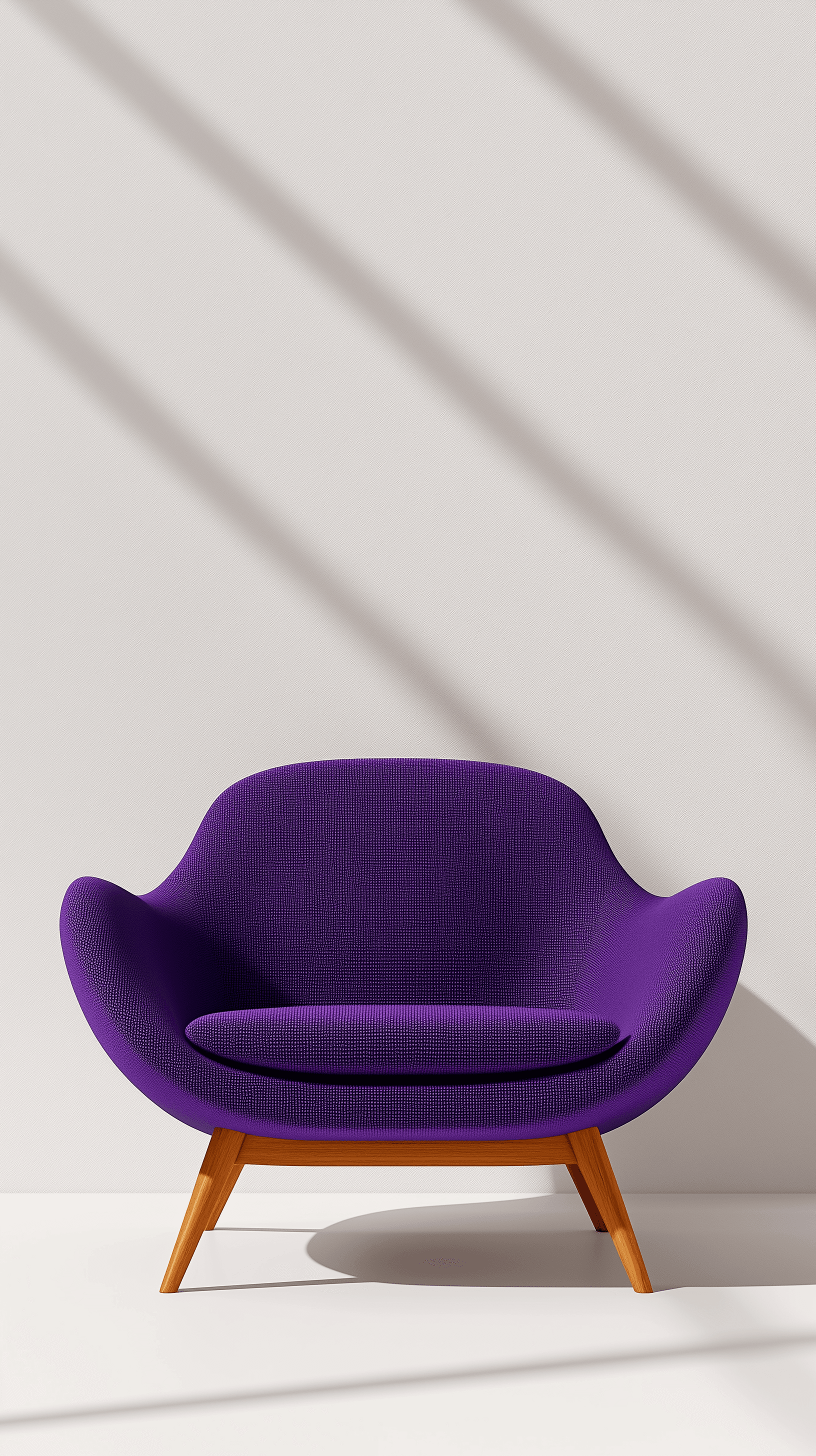 AI generated: photorealistic, fabric single sofa, front shot, Pantone color 'crocus purple', solid white studio se...
