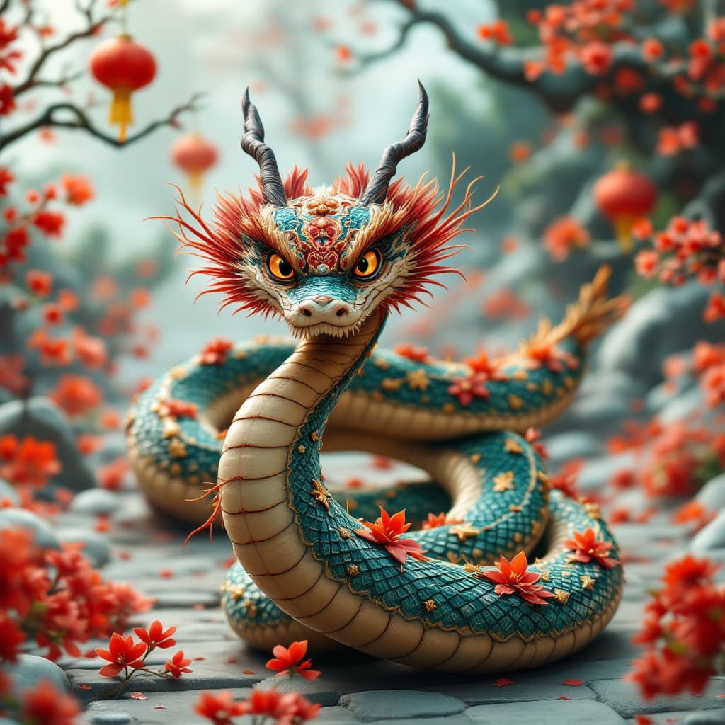 AI generated: lunar new year Wood Snake, in the style of Pixar animation, traditional Chinese cultural themes, int...