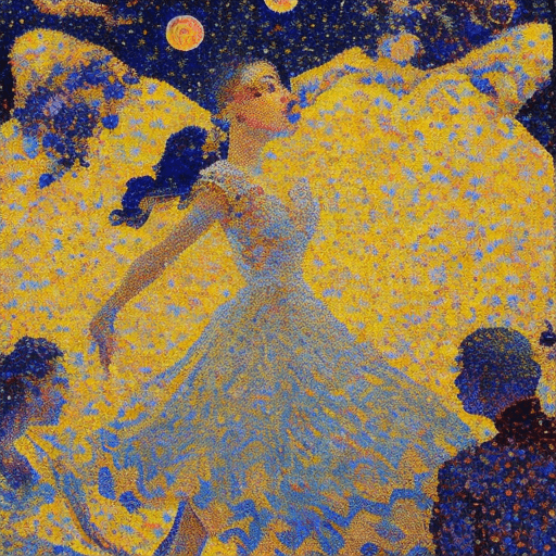 AI generated: fine detailed pointillism painting + low-angle view, Openheimer movie character dancing with Barbie ...