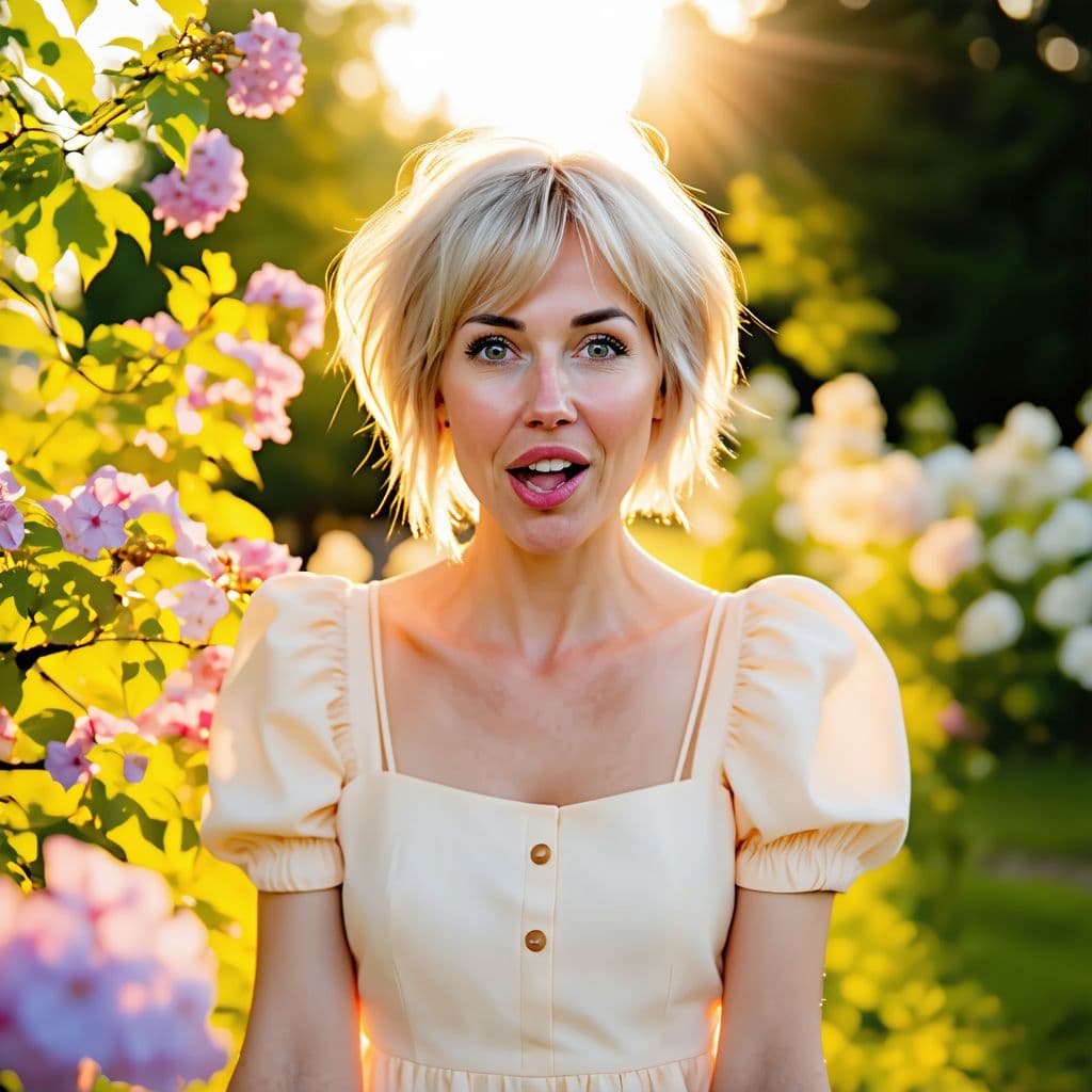 AI generated: a woman sends into camera sweet juicy smack air kiss, light summer dress, sun rays, garden, flowers,...