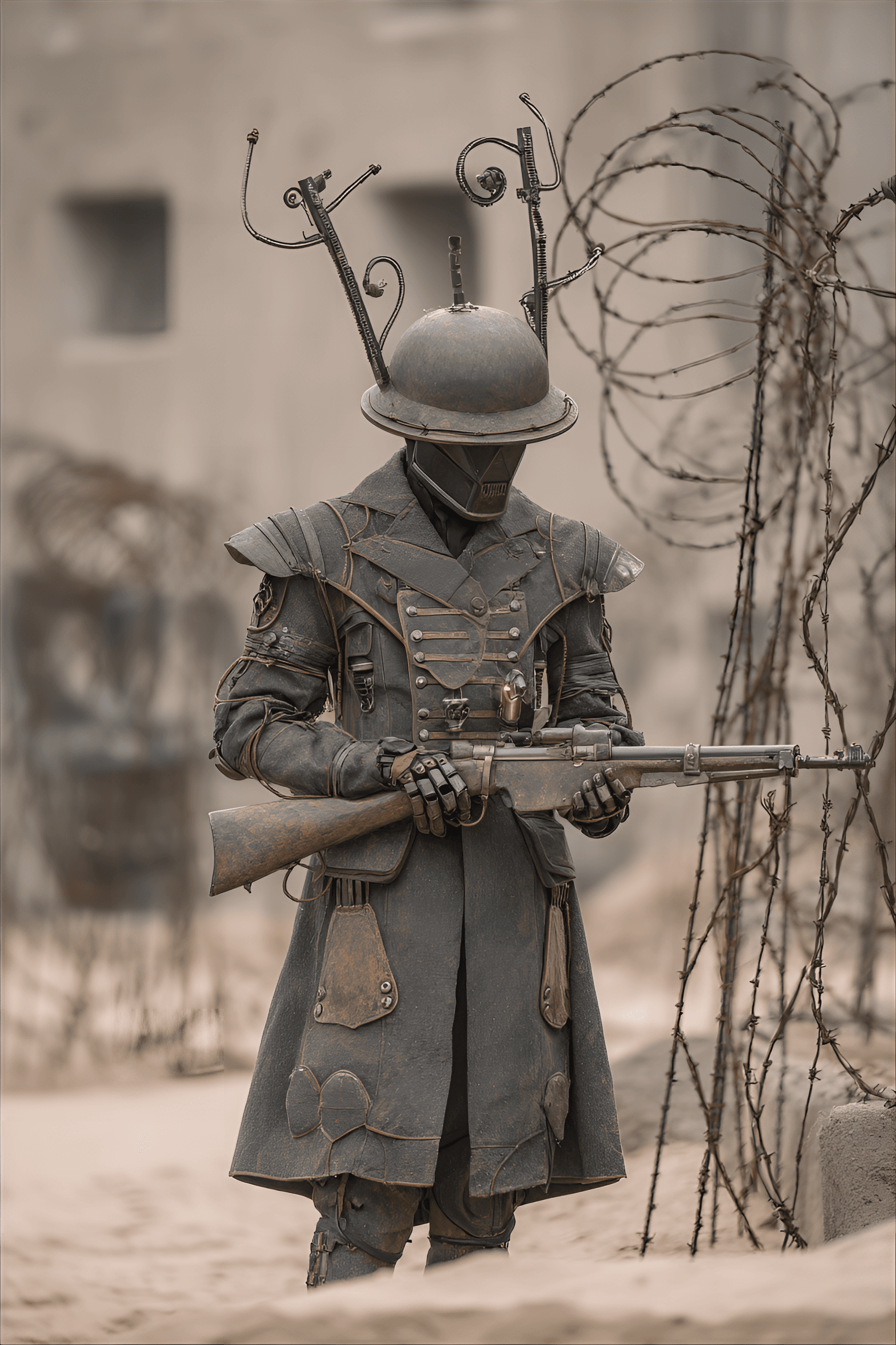 AI generated: dark sci-fi, militaristic gothic style, a lone soldier with an ornate helmet holding a rifle, minima...