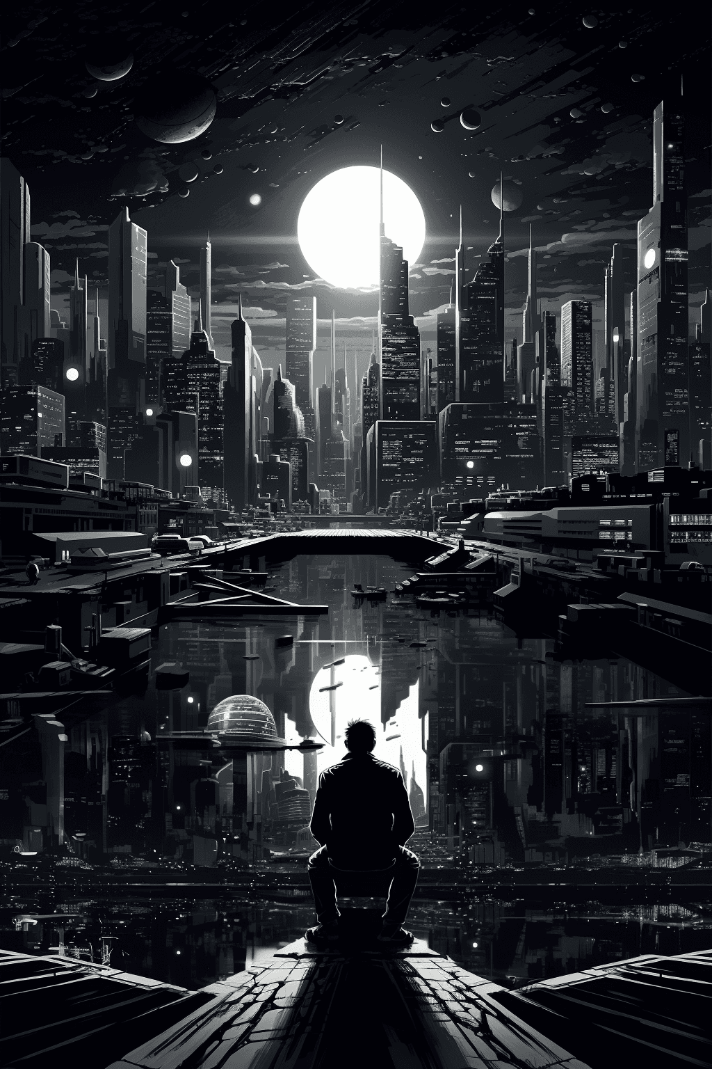 AI generated: create a captivating illustration in the style of mori artwork. Feature a lone (cityscape:1.3) tower...