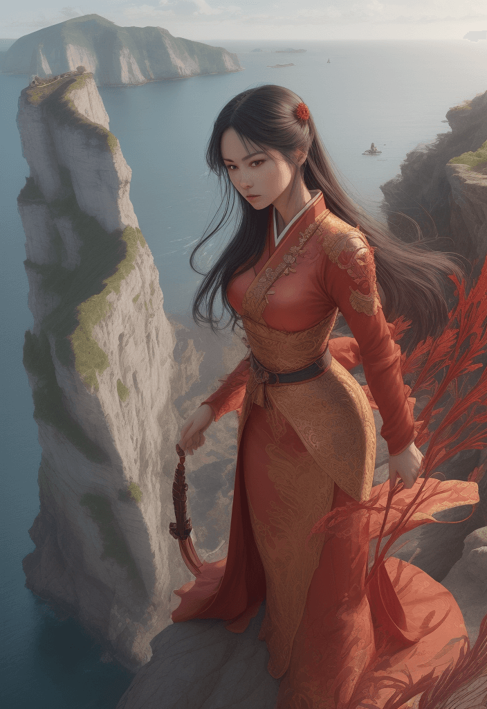 AI generated:  hyper-realistically drawn fantasy japan china asia long dress costumes, beautiful female assassin s...