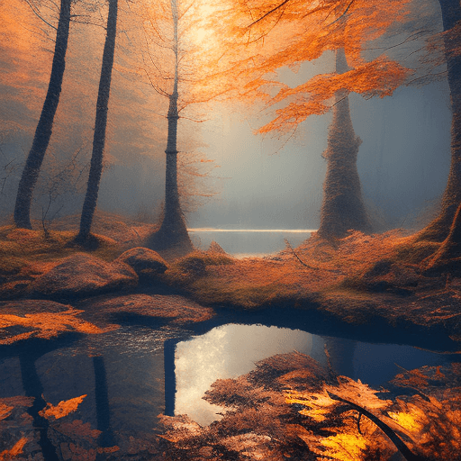 AI generated: taiga forest, fall, small lake, intricate details, dusk, cinematic lighting, hd, dungeons and dragon...