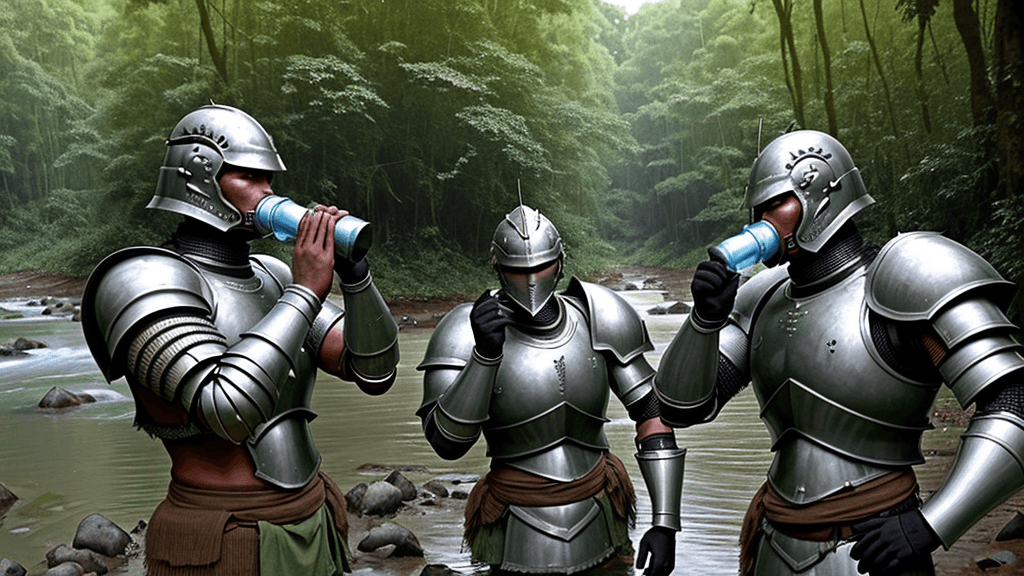 AI generated:  human male Armoured warriors with out helmets drinking water from the forest river 
