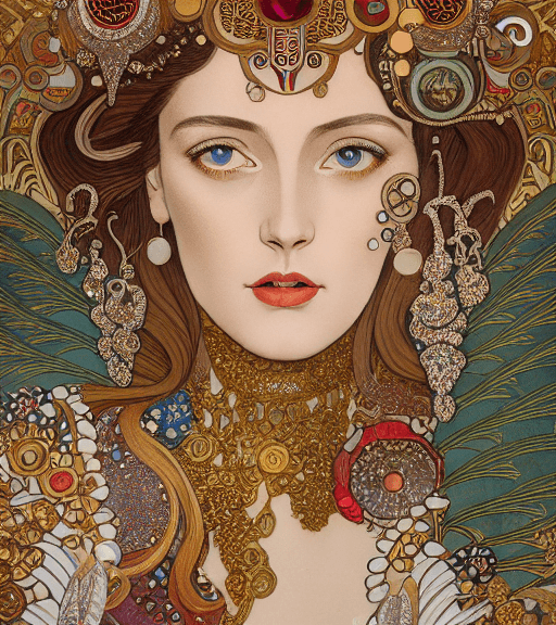 AI generated: high resolution 8k, Erté + Mucha master painter, Byzantine artwork, 
young lady close up face, compl...