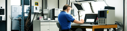AI generated: german printer service technician at work on an hewlett packard printer