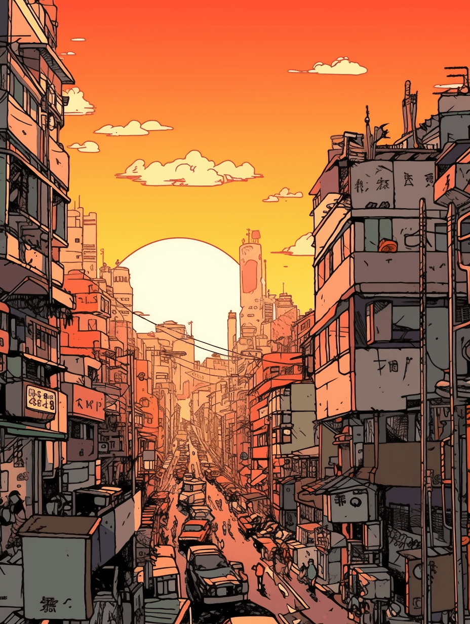 AI generated: Vibrant, outline red and yellow, cityscape technicolor background, comic book page, Studio Ghibli ca...