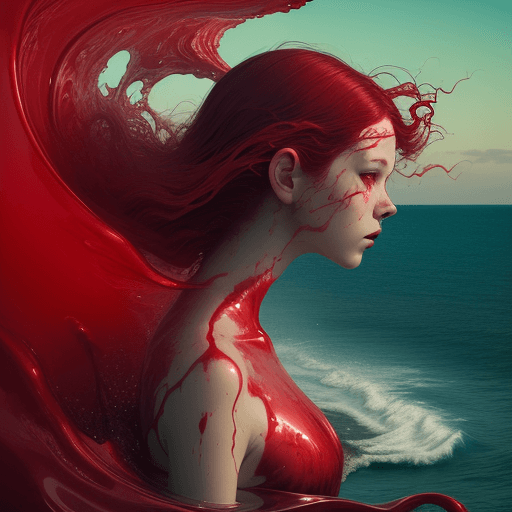 AI generated:  Mysterious creature dissolving into vibrant red liquid silky paint, gentle oceanic waves, ethereal ...