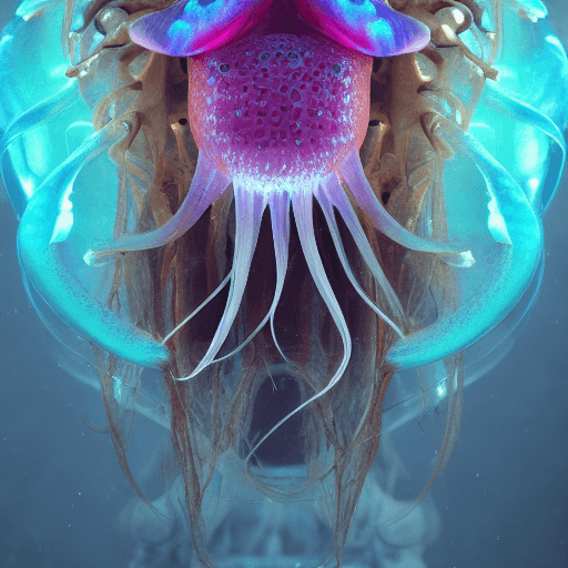 AI generated: Goddess close-up portrait ribcagel. jellyfish phoenix head, nautilus, orchid, skull, betta fish, bio...