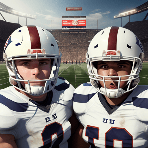 AI generated: panoramic image of American football players, wearing white helmets, looking straight into the camer...