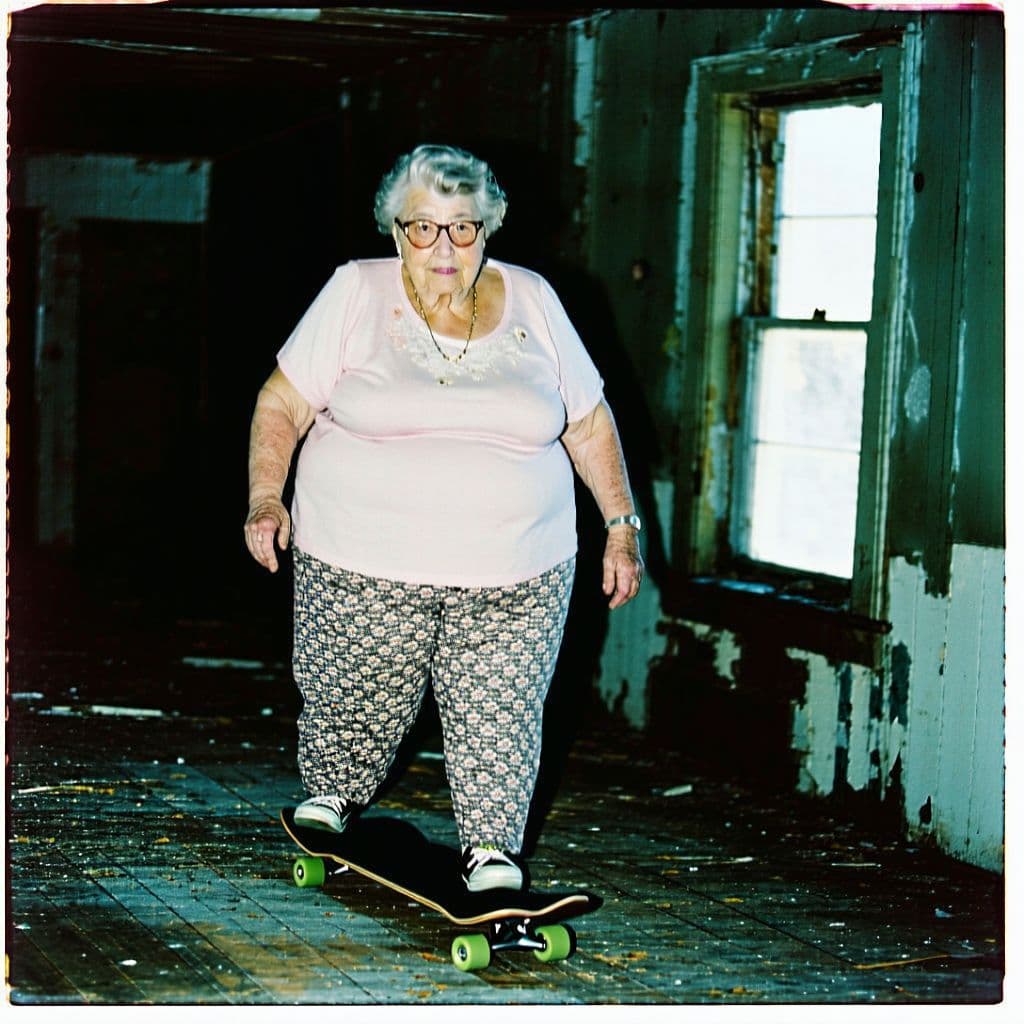 AI generated: impossibly fat skateboarding grandma in an old abandoned house, very creepy, abandoned, grainy 80's ...