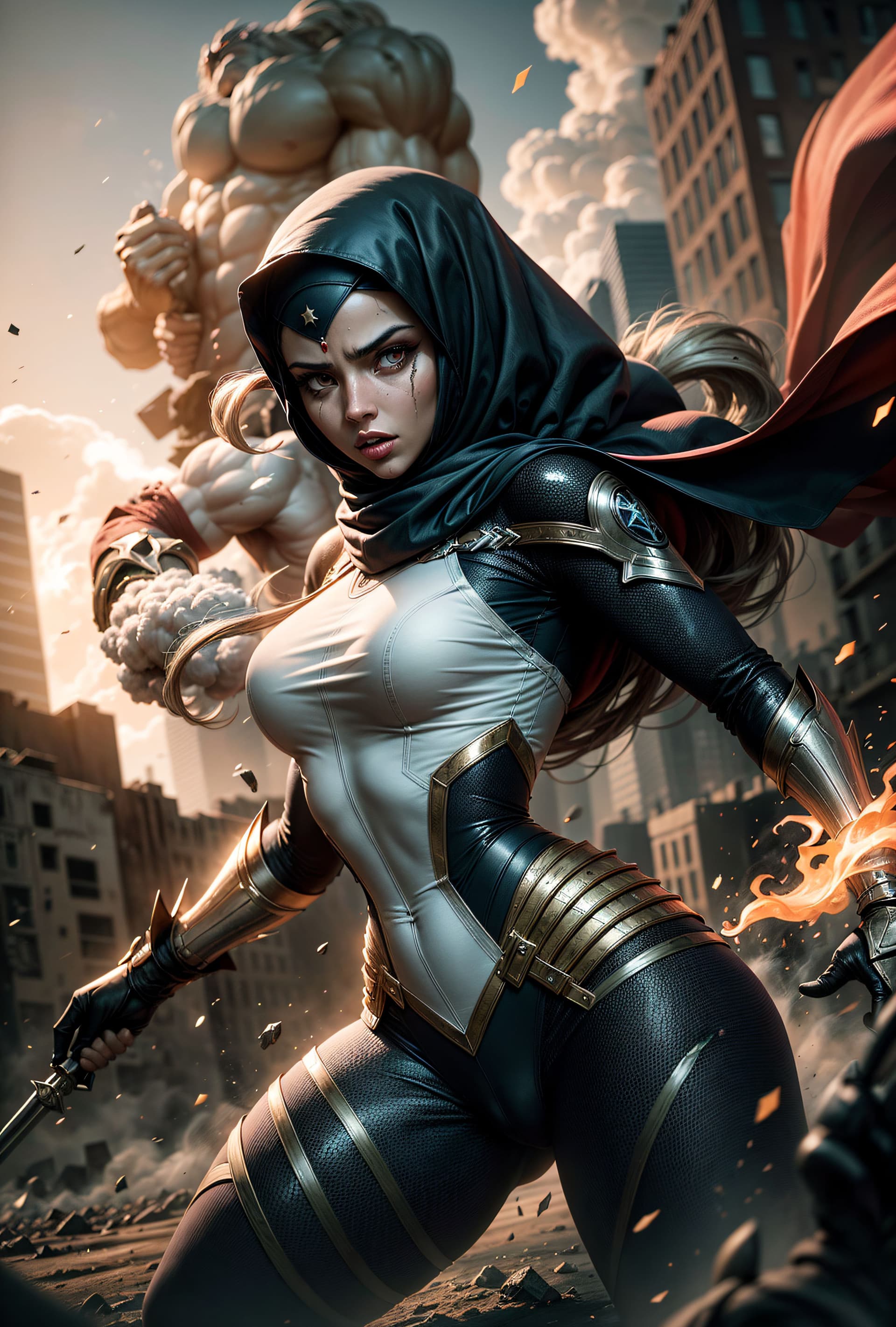 AI generated: Illustration portrait, super hero woman, fight, monster, epic, cinematic.
epic detailed background,...