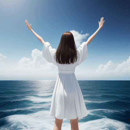 AI generated: woman in white clothes hands raised in front of the ultra realistic sea doing blessings