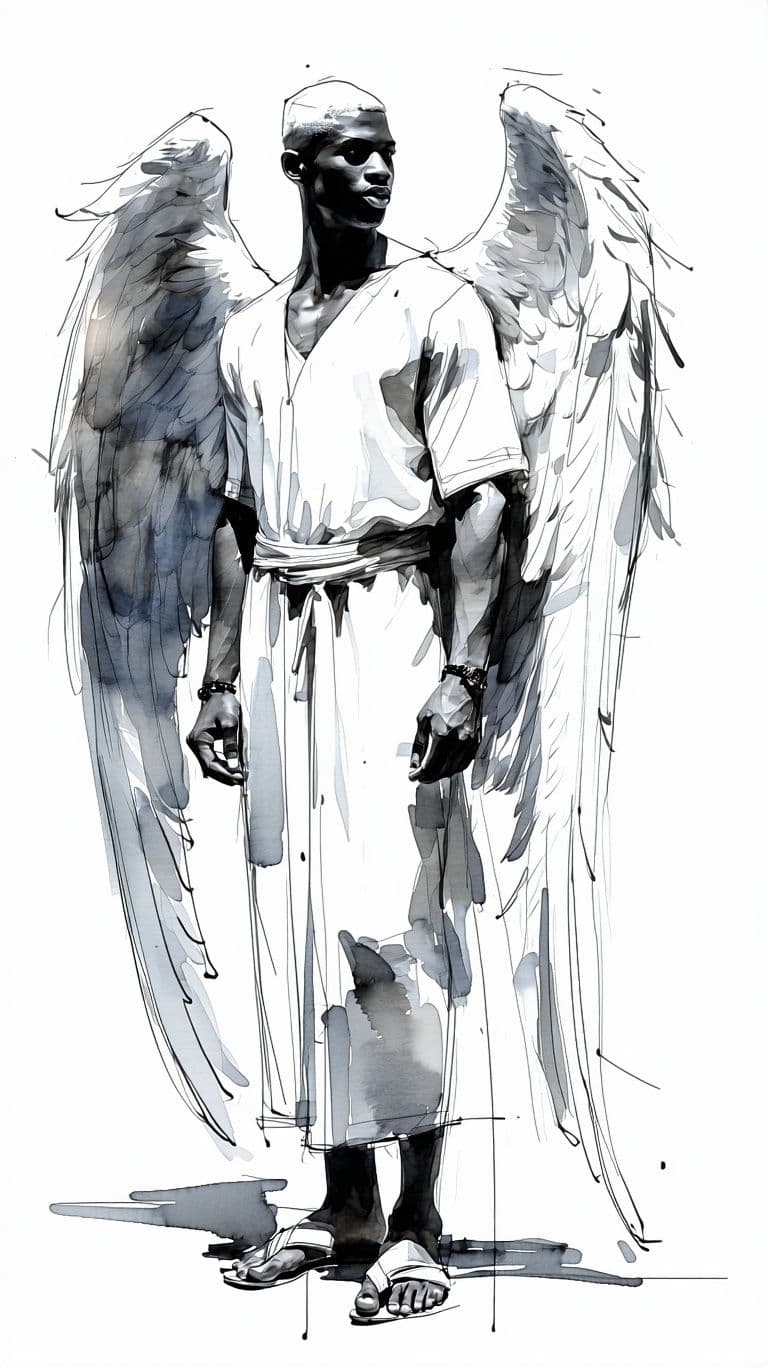AI generated: Black and white ink sketch of a white-skinned caucasian male angel with wings and a long white robe,...