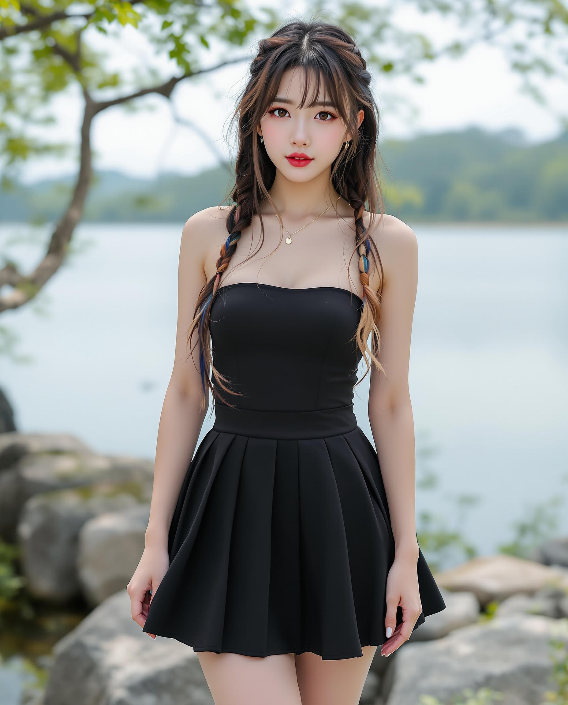 AI generated: hyperrealistic, korean girl, korean ulzzang face, a girl, beautiful, wearing a black strapless, plea...