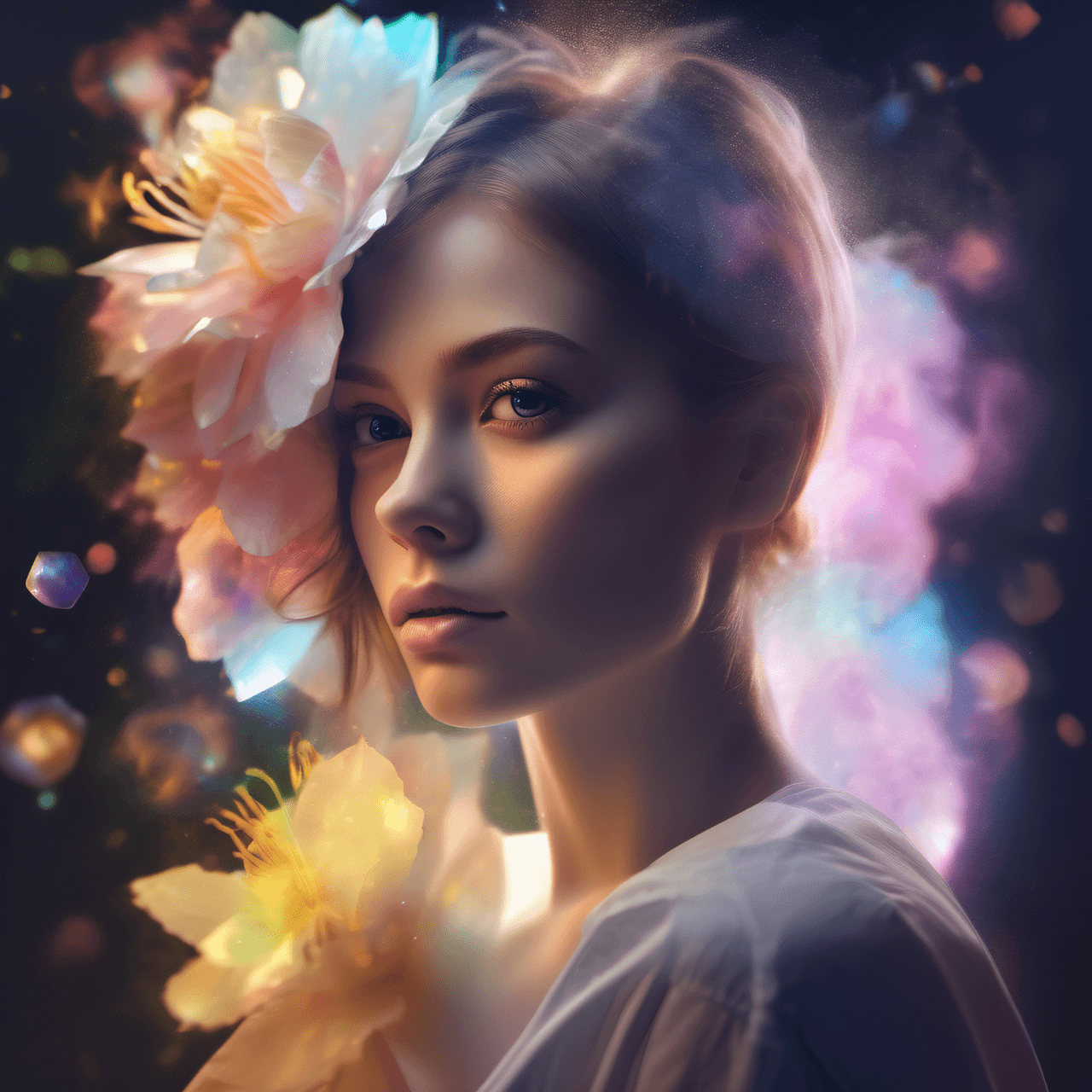 AI generated: masterpiece, high quality, portrait of a collage girl, style hologram, bloom, glow effects, full sha...