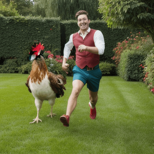 AI generated: Create a comic scene set in a garden with a beautiful environment where a chicken is humorously runn...