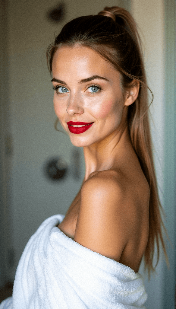 AI generated: A portrait of a young woman with light brown hair in a high ponytail, smiling softly with blue eyes ...
