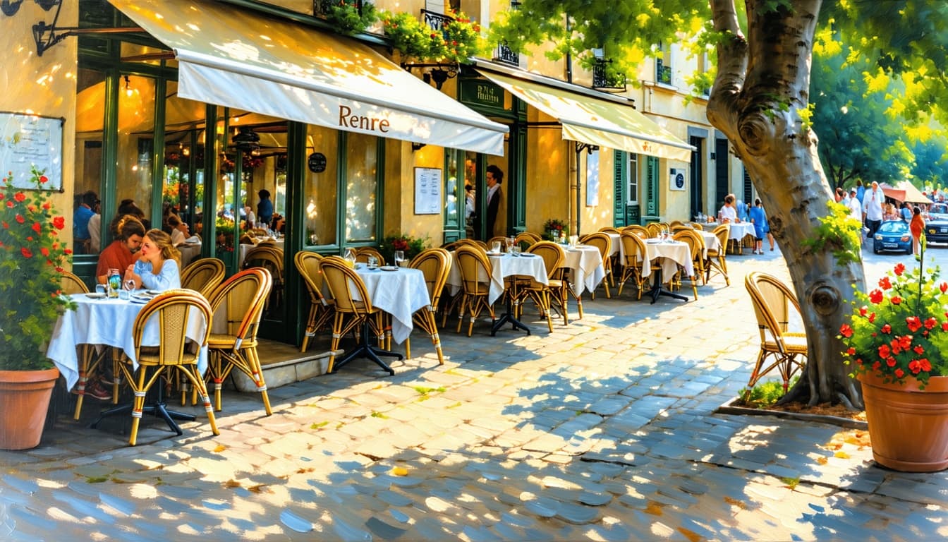 AI generated: Whimsical, Impressionist-inspired scene of a sunny, outdoor café, soft brushstrokes and warm, golden...
