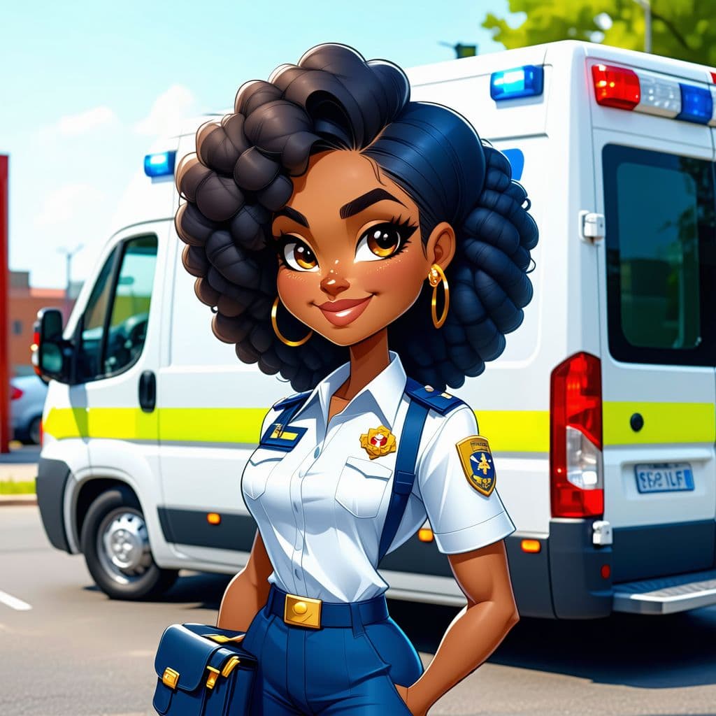 AI generated: A Hyperrealistic 3D caricature  of an African American female dressed as paramedic, ambulance in bac...