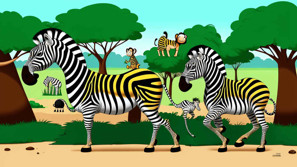 AI generated: lots of cartoon animals, monkeys and zebras in the african safari, in the style of animated gifs, co...