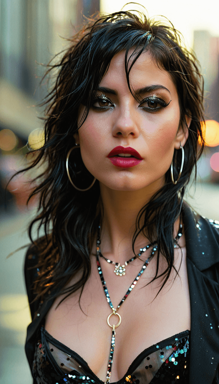 AI generated: Medium close-up, photograph of, a perky young woman with messy black hair, wearing a designer sequin...