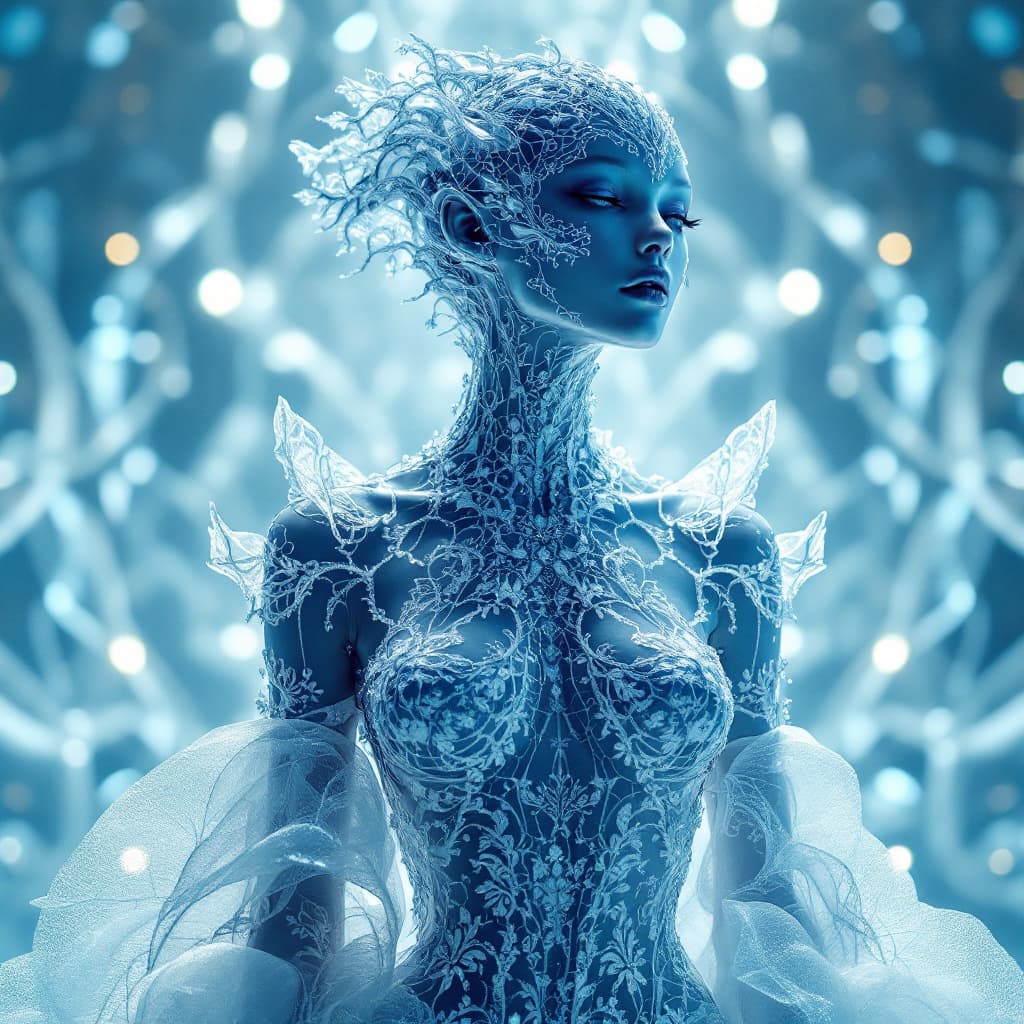 AI generated: full body portrait of a beautiful alien model, intricate filigree crystal dress in the style of Iris...