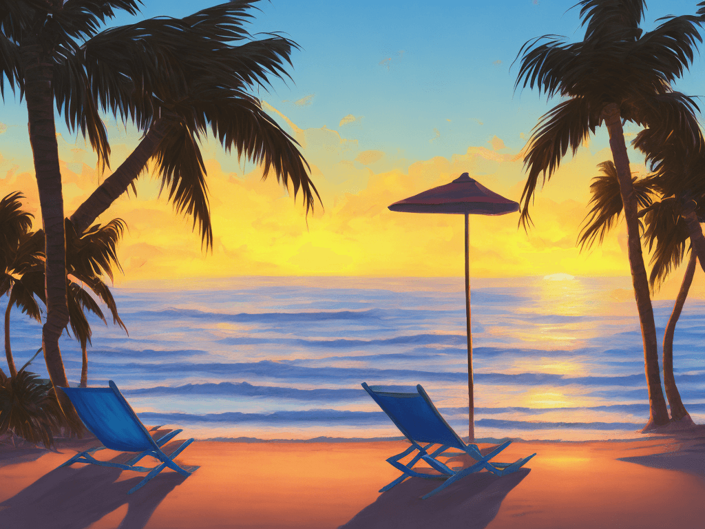 AI generated: painting of a beach chair at sunset under palm trees, natural light, concept art, by greg rutkowski,...