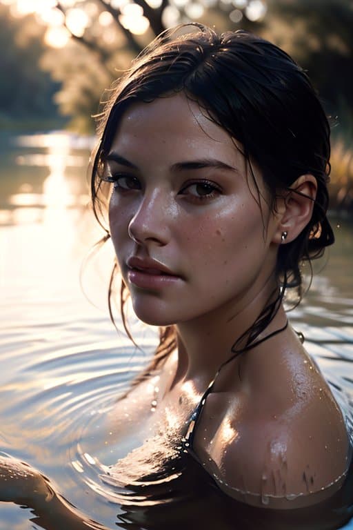 AI generated: close up portrait of a cute woman bathing in a river, reeds, (backlighting), realistic, masterpiece,...
