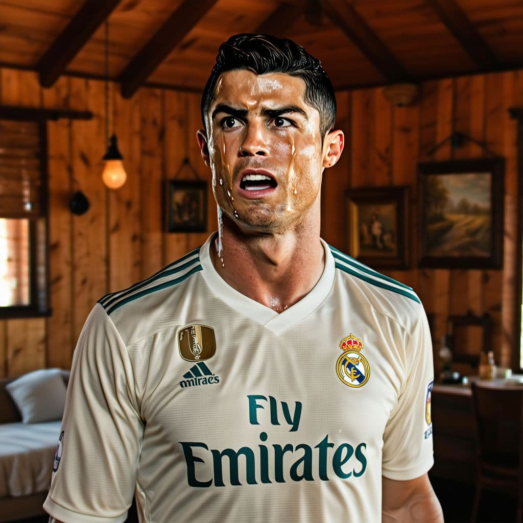 AI generated: A highly detailed and emotional close-up of Cristiano Ronaldo wearing a Real Madrid jersey, standing...