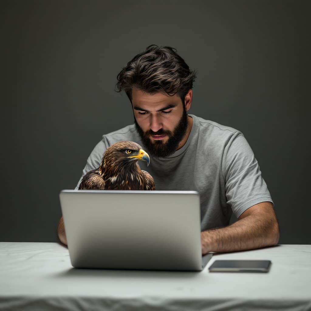 AI generated: Photo of a ultra realistic a man is alone with laptop he has t-shirt with picture eagle