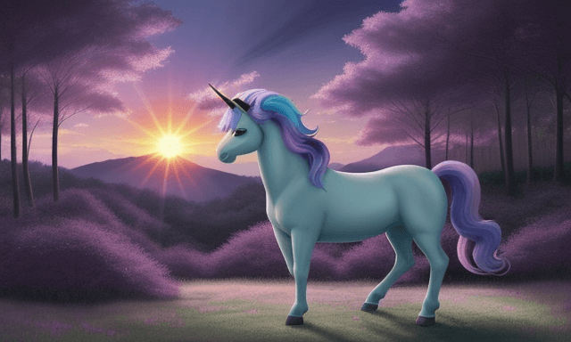AI generated: pastel kawaii malicious  unicorn in forest  landscape  studio ghibli with sun rising and purple colo...
