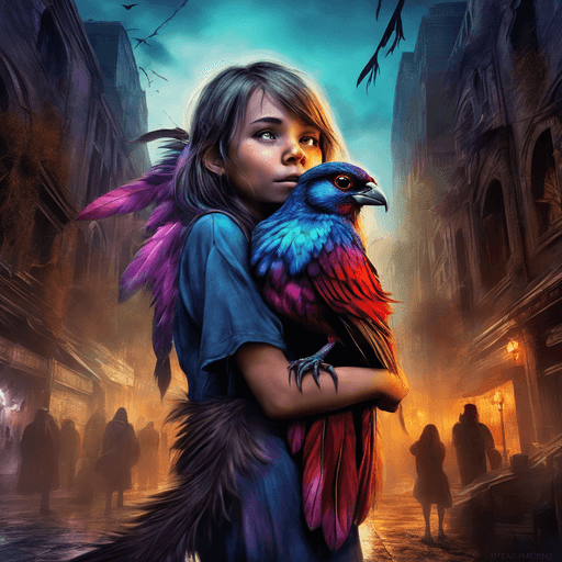 AI generated: A scared  mythical half demoniac bird girl hugging a cute bird monster,intense emotion,dynamic light...