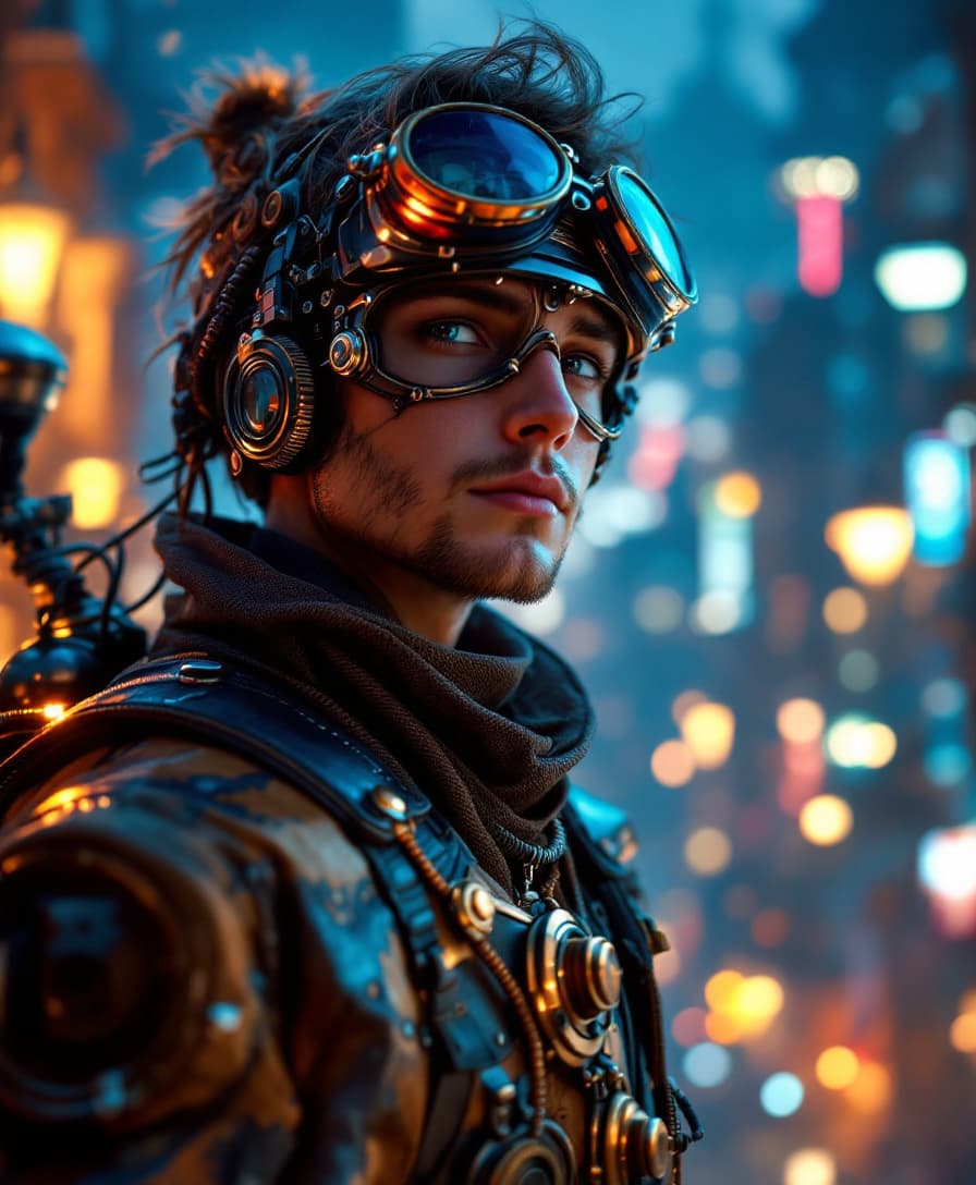 AI generated: A close up steampunk adventurer with goggles and a jetpack, exploring a mystical city. The adventure...