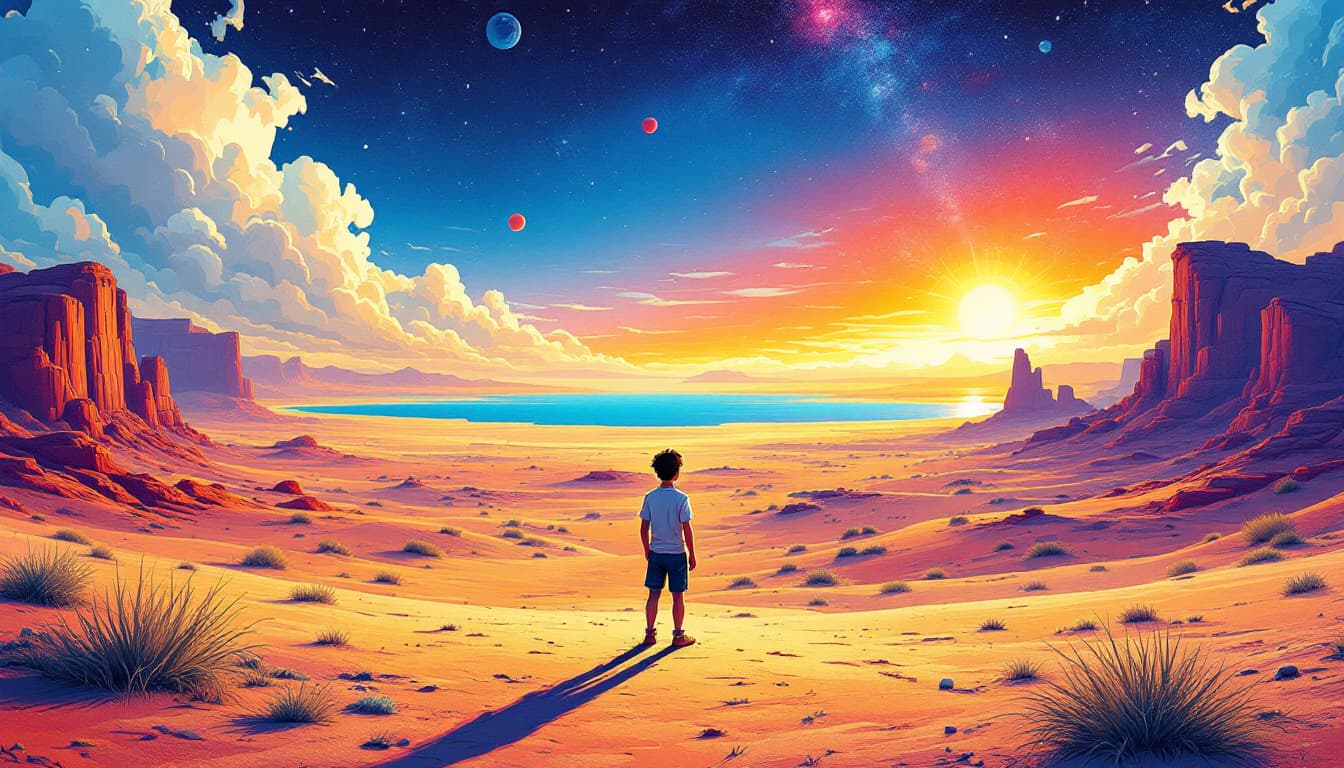 AI generated: A young boy standing on an open desert plane, a lake in the distance, a small red planet in the sky,...