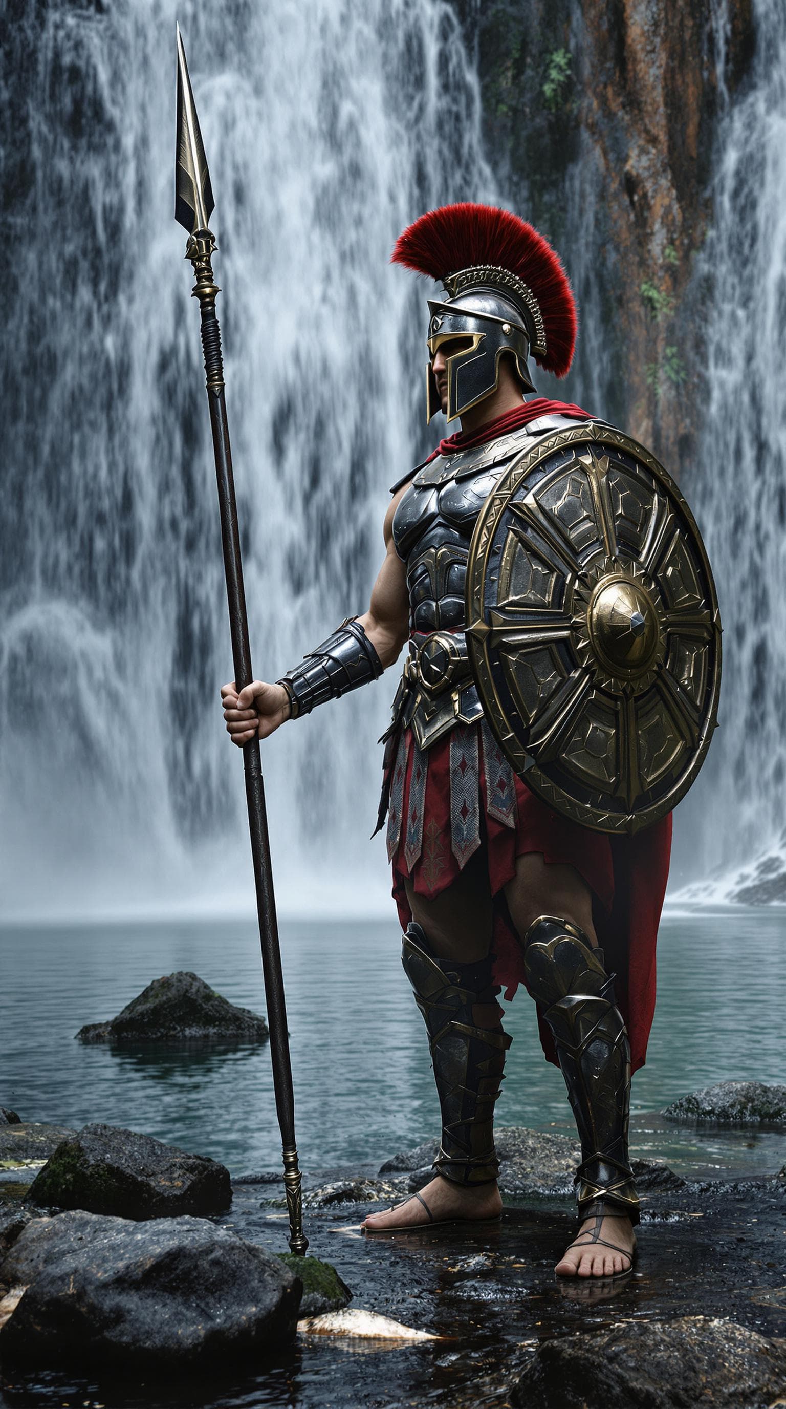 AI generated: Spartan in Spartan Armor (spartan shield and spear) in the River Gorge, against a waterfall, 8k ultr...