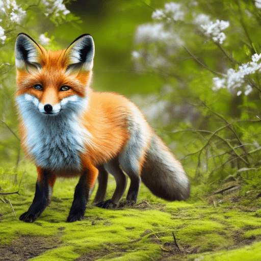 AI generated: a small fox wandering through a beautiful forest in spring. A light ray is directly shining at it
