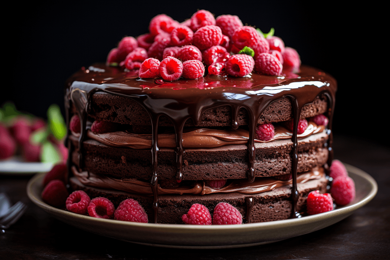 AI generated: A close-up shot of a decadent chocolate cake with layers of rich frosting and ganache. The cake is t...