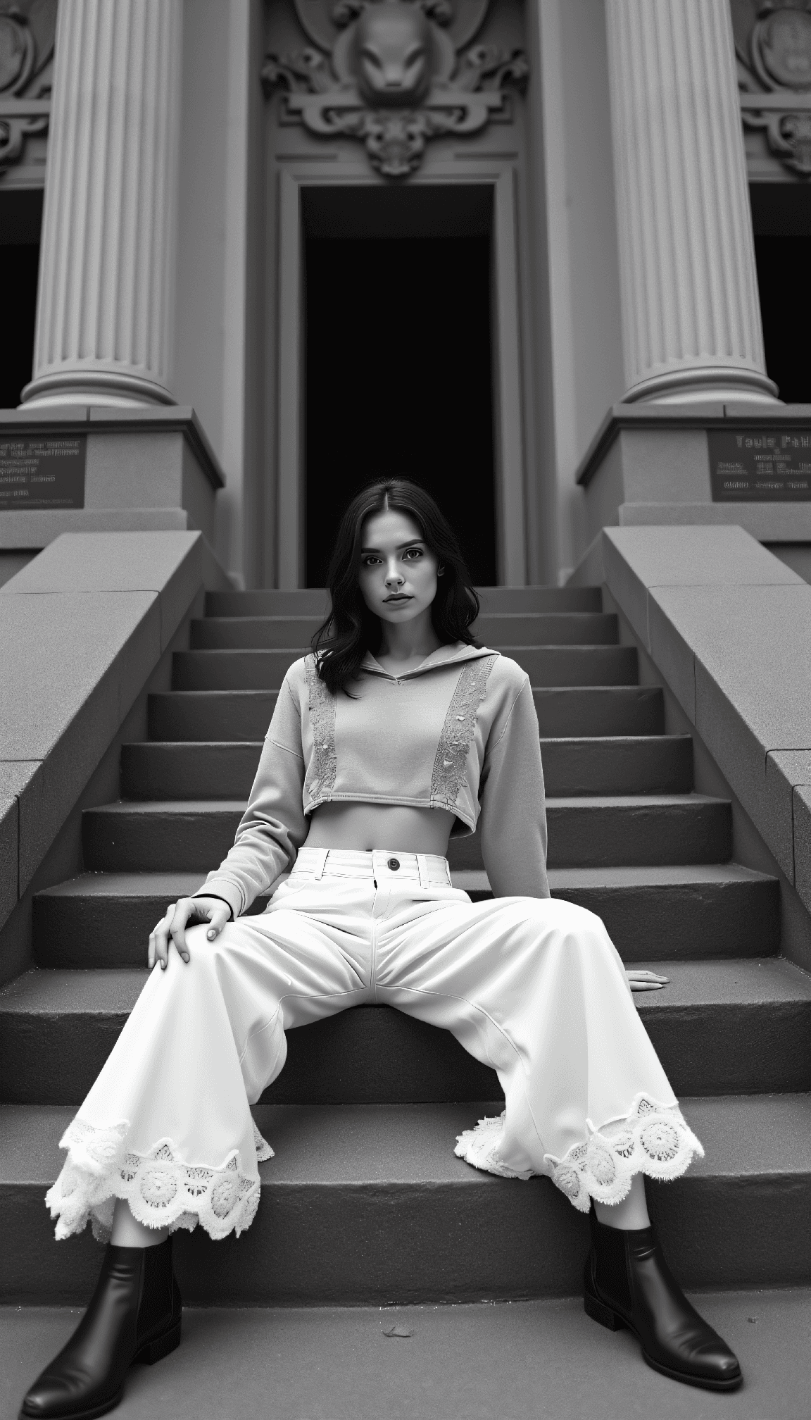AI generated: dystopian style Black and white fashion photography of a young Taiwanese-Ukrainian woman in her mid-...