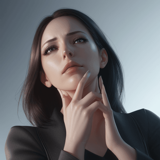 AI generated: photo realistic, modern woman striking a pose looking up index finger to her chin, thinking "I forgo...