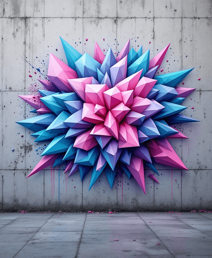 AI generated: A geometric graffiti mural on a raw concrete wall, featuring an explosion of sharp, polygonal shapes...