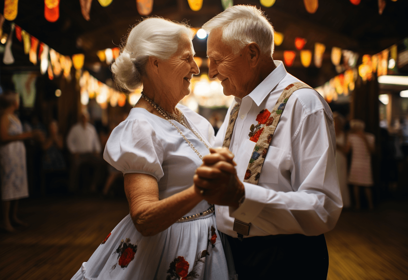 AI generated: Elderly people were dancing in an old style dance hall, dressed in colorful dresses and white blouse...