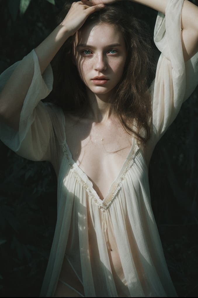 AI generated: (portrait:1.1) medium format film still of a young woman wearing an ethereal flowing seethough night...